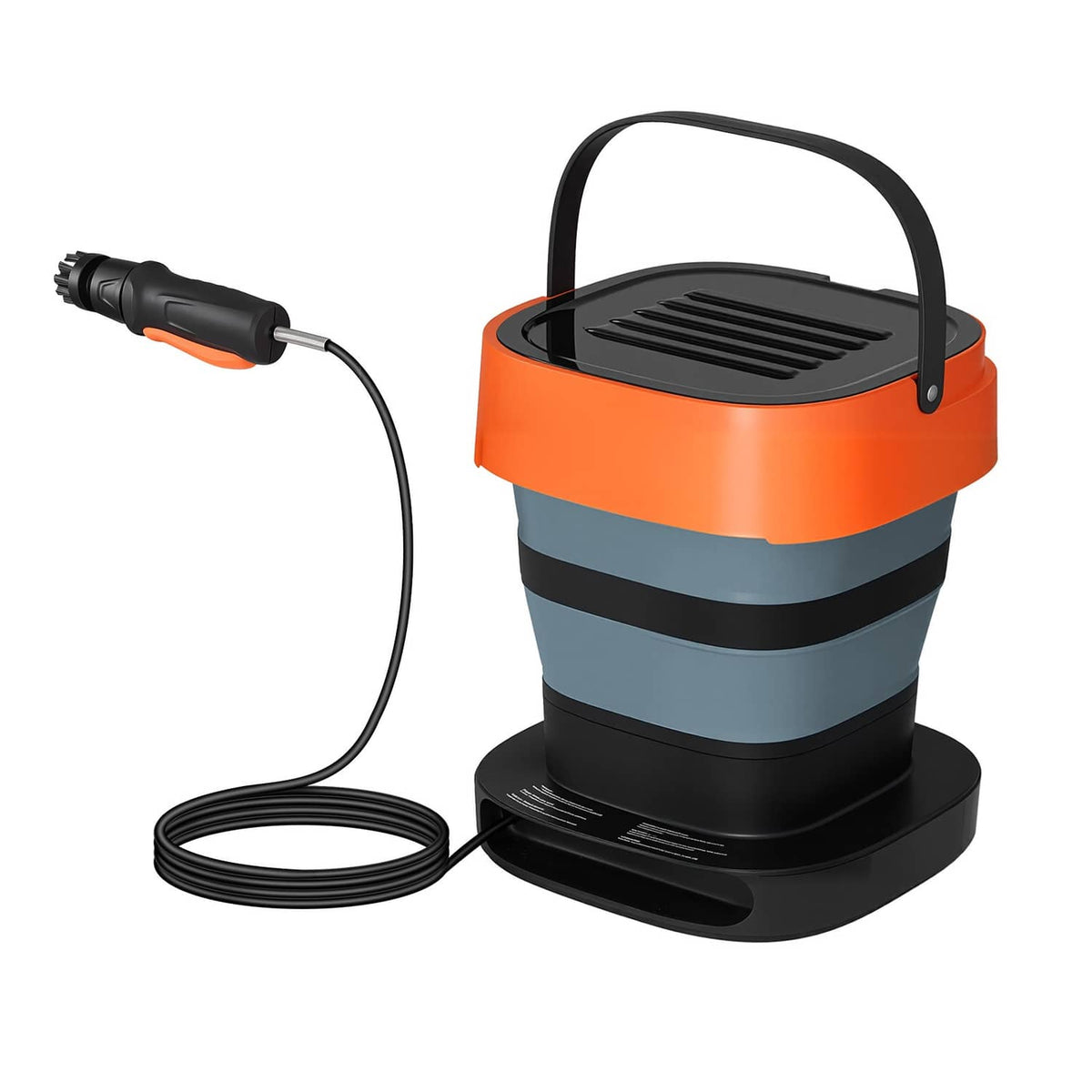 Portable cordless pressure washer kit with spray gun, coiled hose, and orange/gray unit