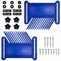 Blue stackable featherboard with comb teeth, wing knobs, spacers, and bolts