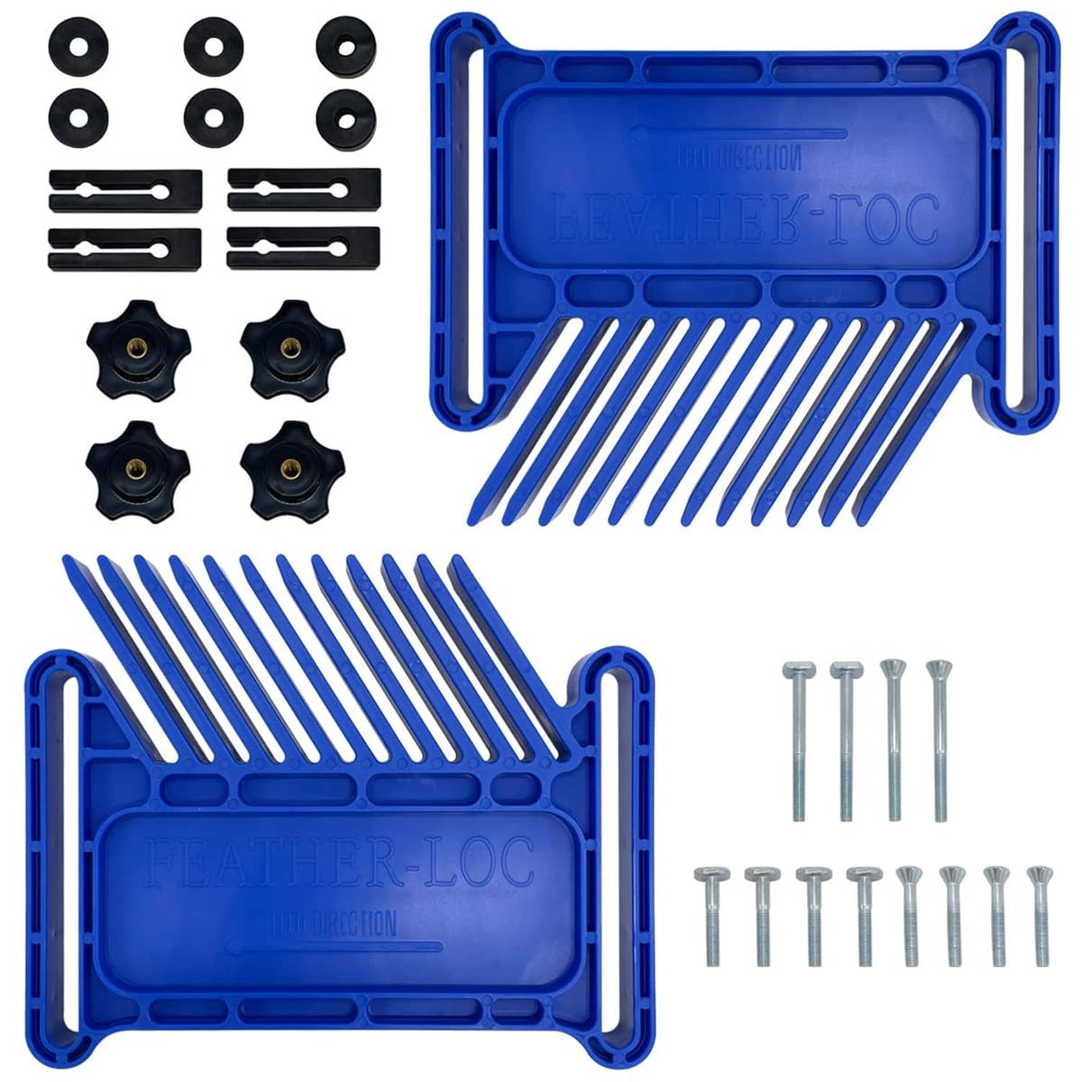 Blue stackable featherboard with comb teeth, wing knobs, spacers, and bolts
