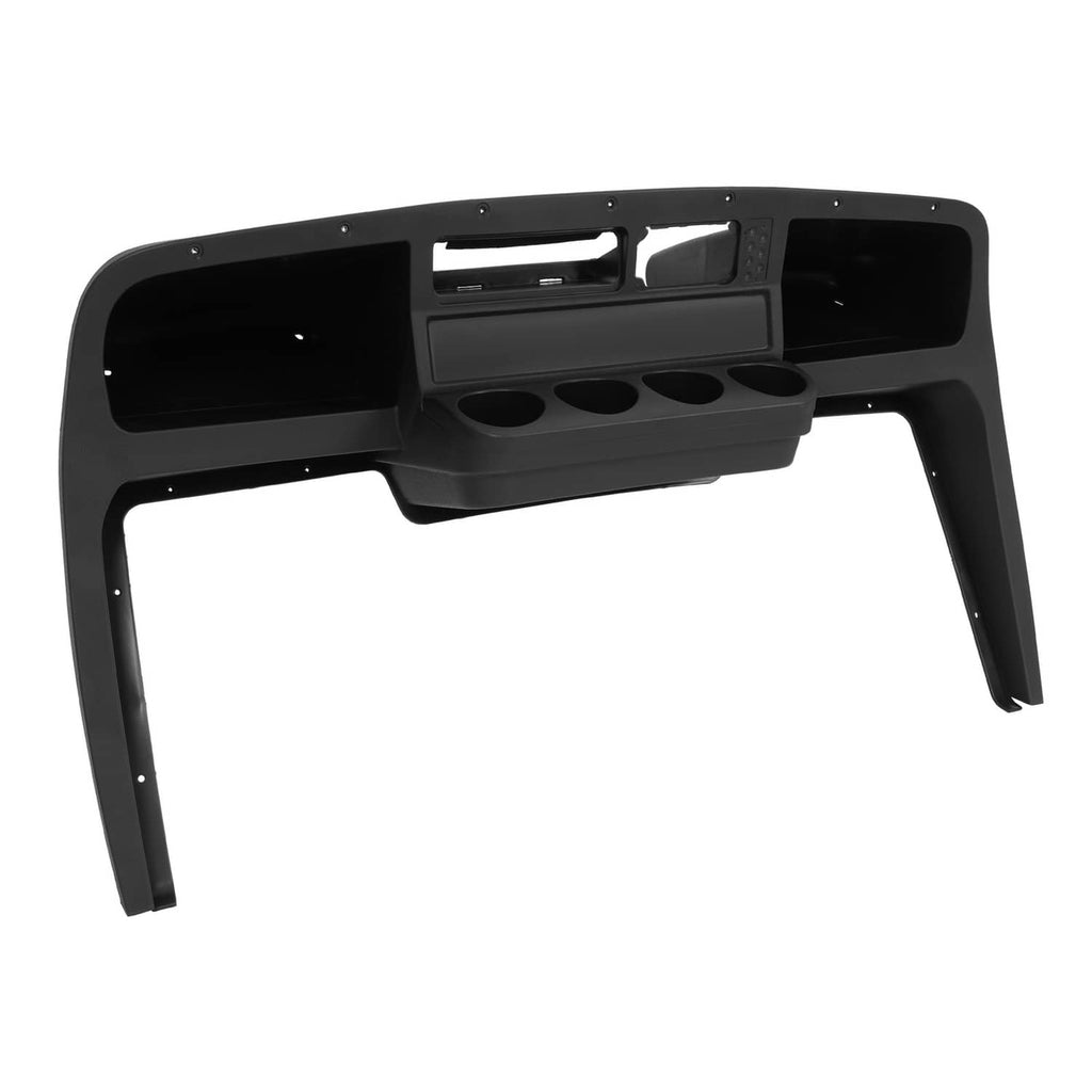Black golf cart dash assembly cover with central console and display cutouts