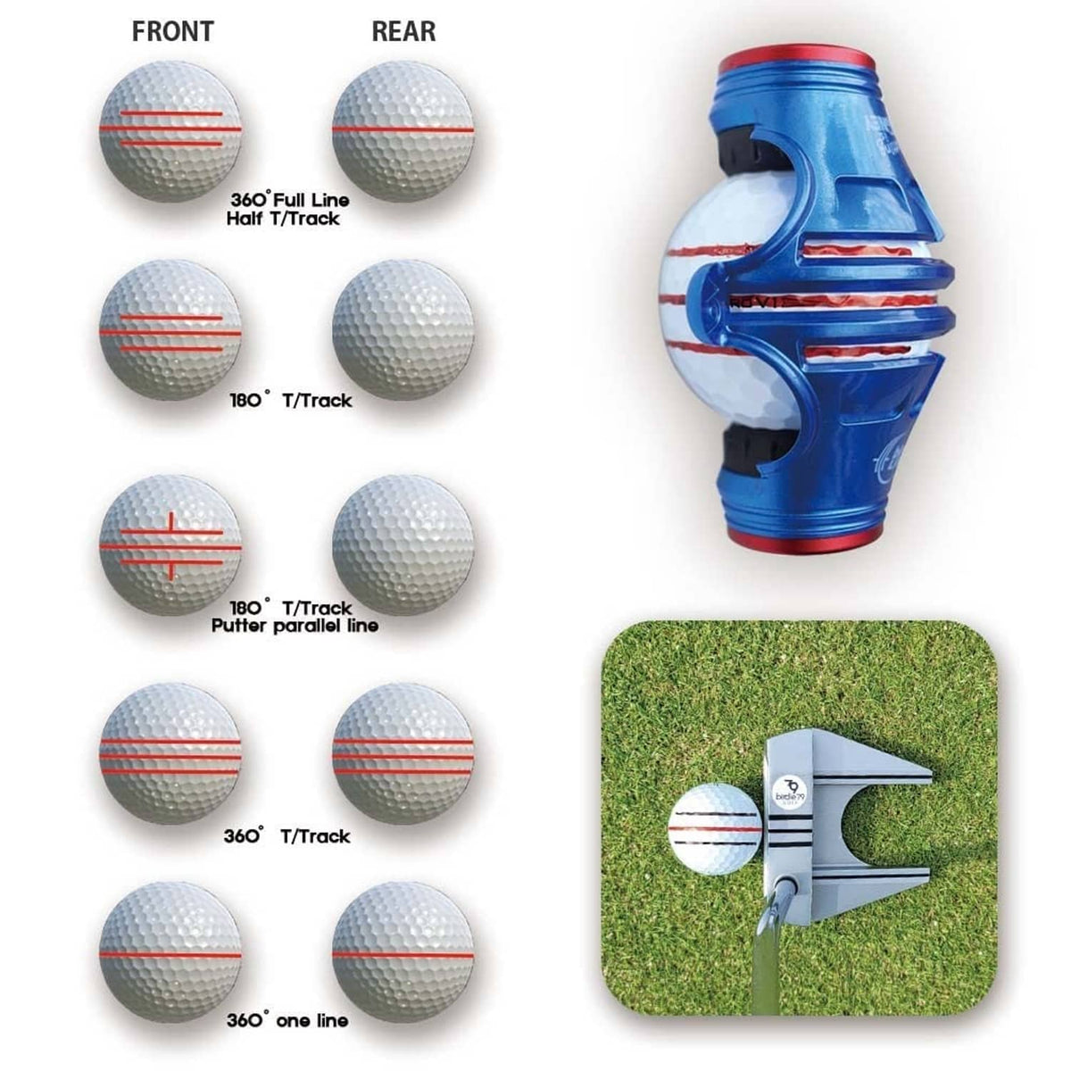 Blue golf ball marker alignment guide with line pattern templates: 180°, 360° T-track