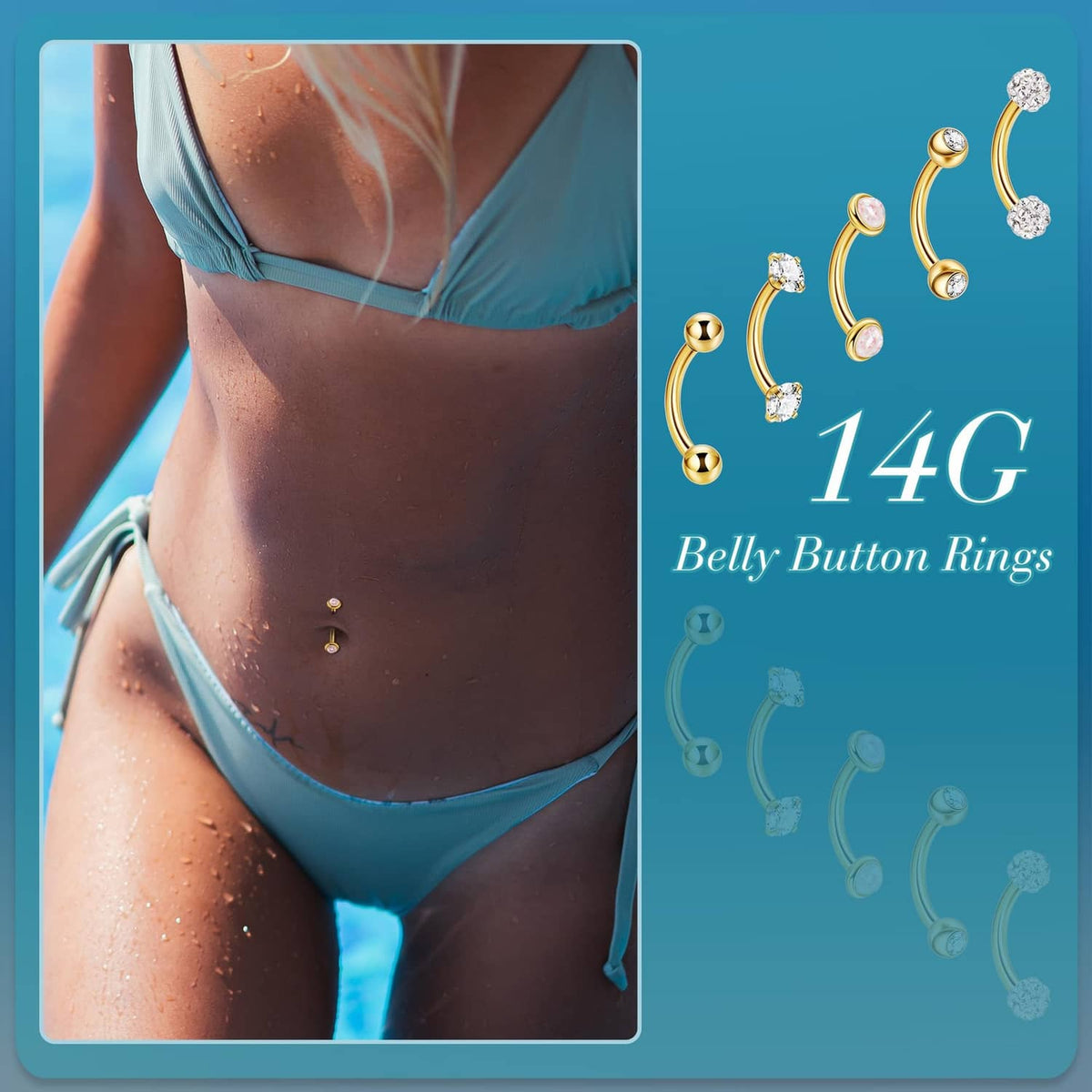 Gold 14G belly button ring with clear CZ stones and curved bar, worn on abdomen