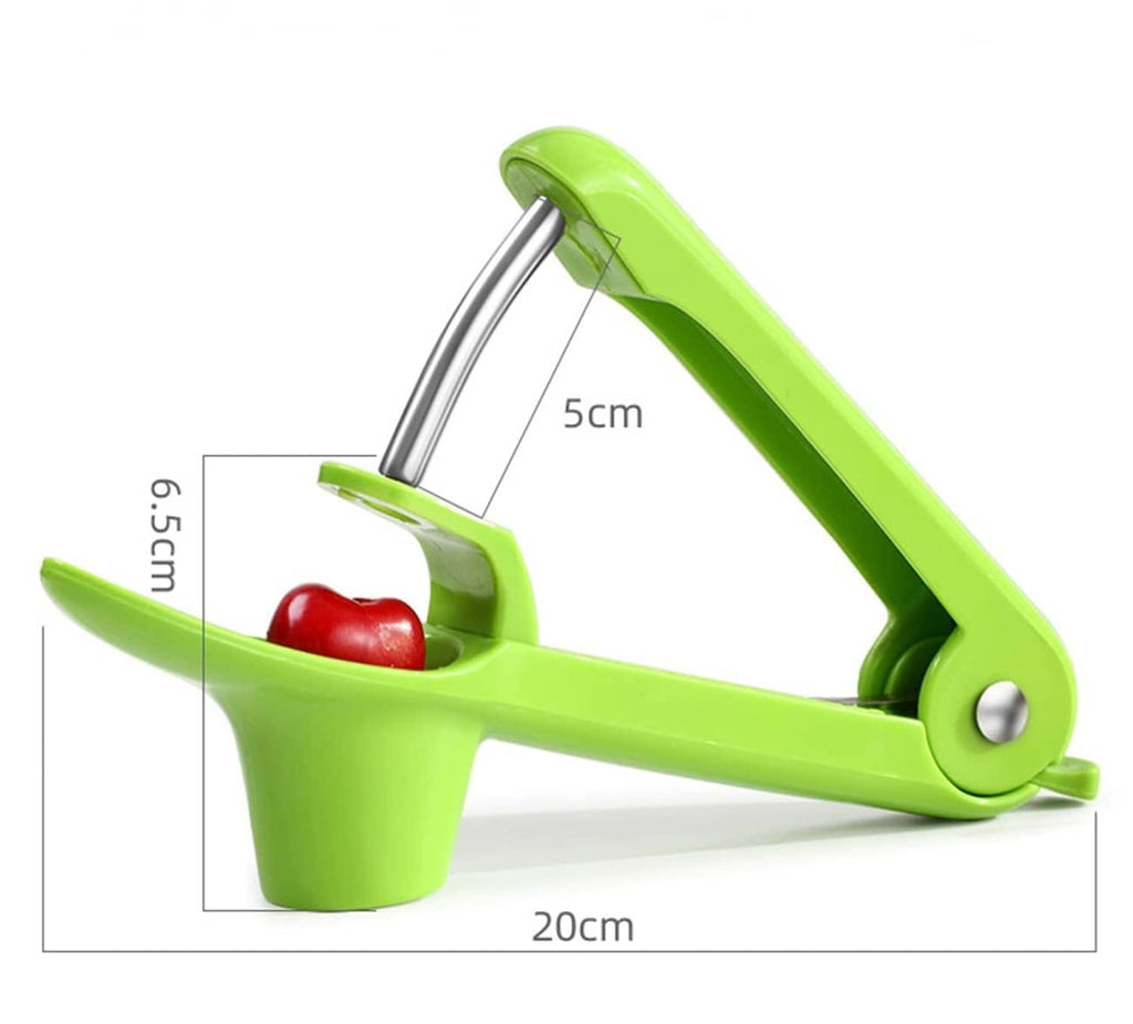 Green cherry pitter tool with size markings, metal prongs and green catch cup