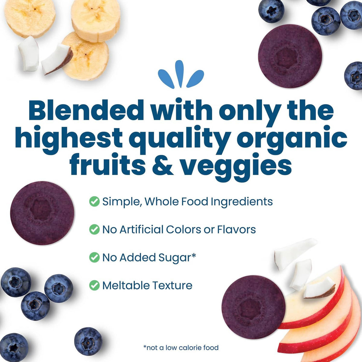Organic Fruit Bites blueberry snack graphic with purple fruit rounds