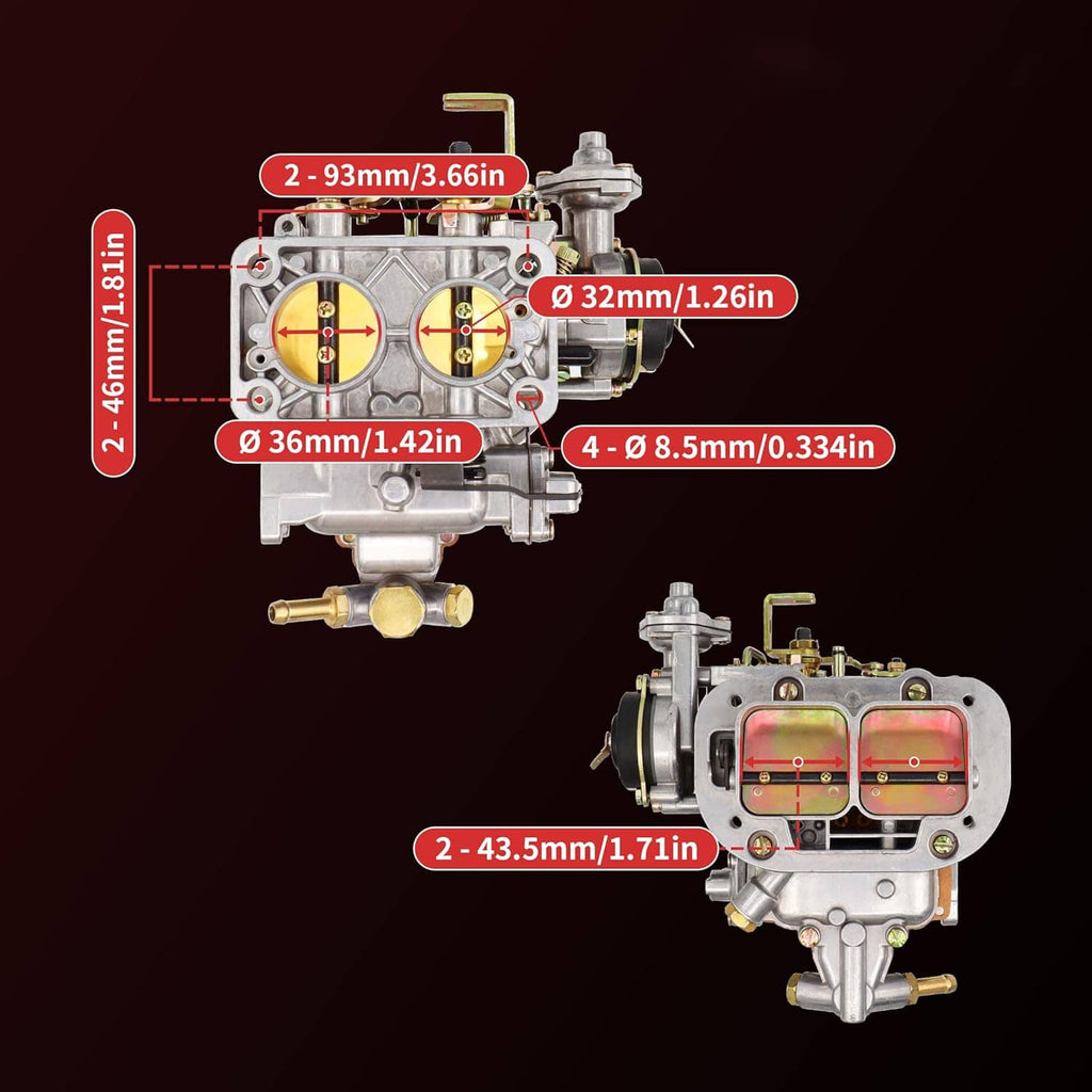 2-barrel carburetor shown with intake and port layout diagram overlay