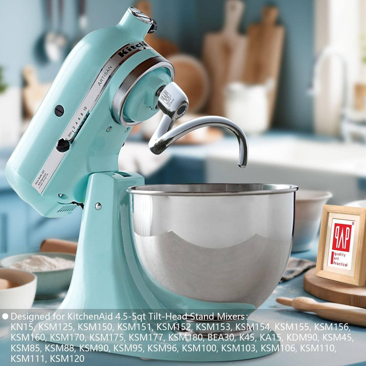 QAP spiral dough hook on stand mixer bowl, polished silver metal