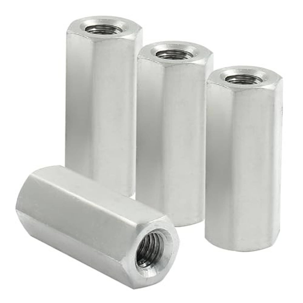 Pack of silver hex coupling nuts with visible internal screw threads and flat faces