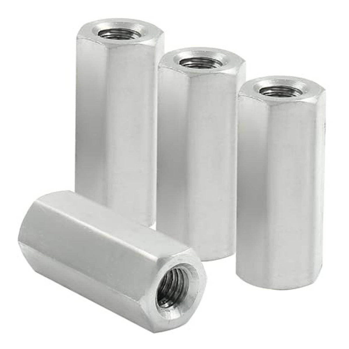 Pack of silver hex coupling nuts with visible internal screw threads and flat faces