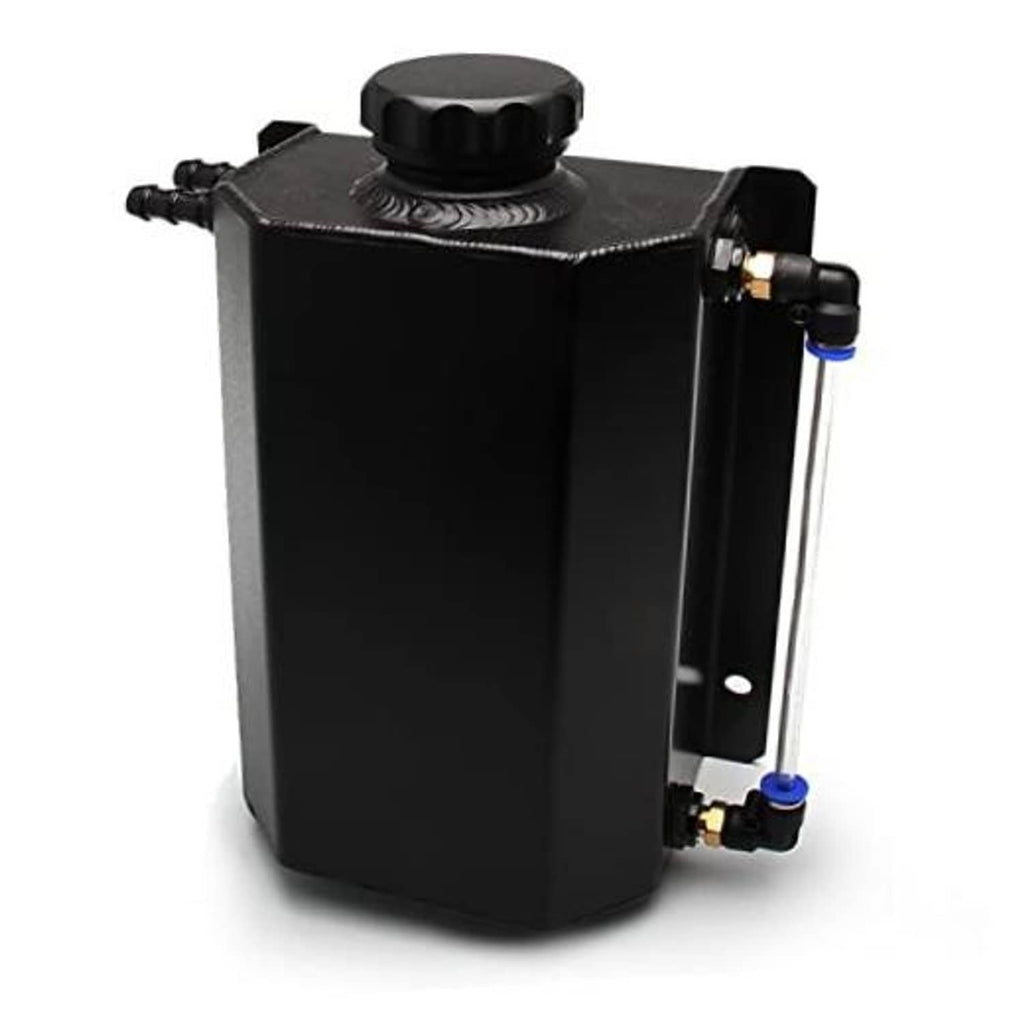 2L black coolant overflow tank with round cap and side inlet/outlet fittings