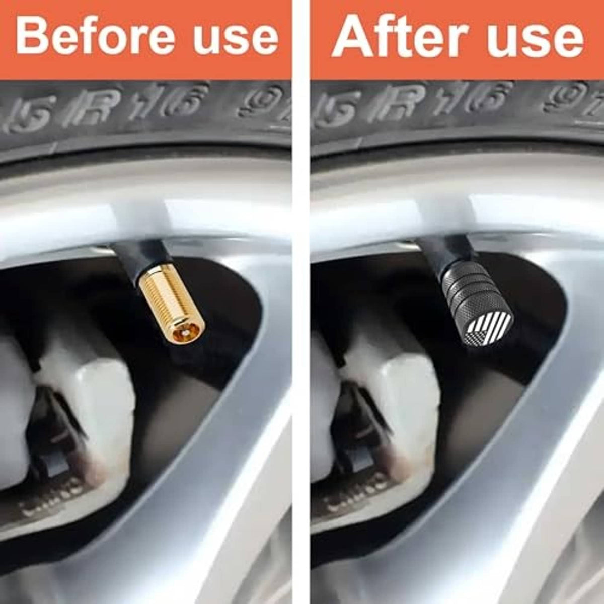 Black tire valve stem cap installed on wheel rim valve stem