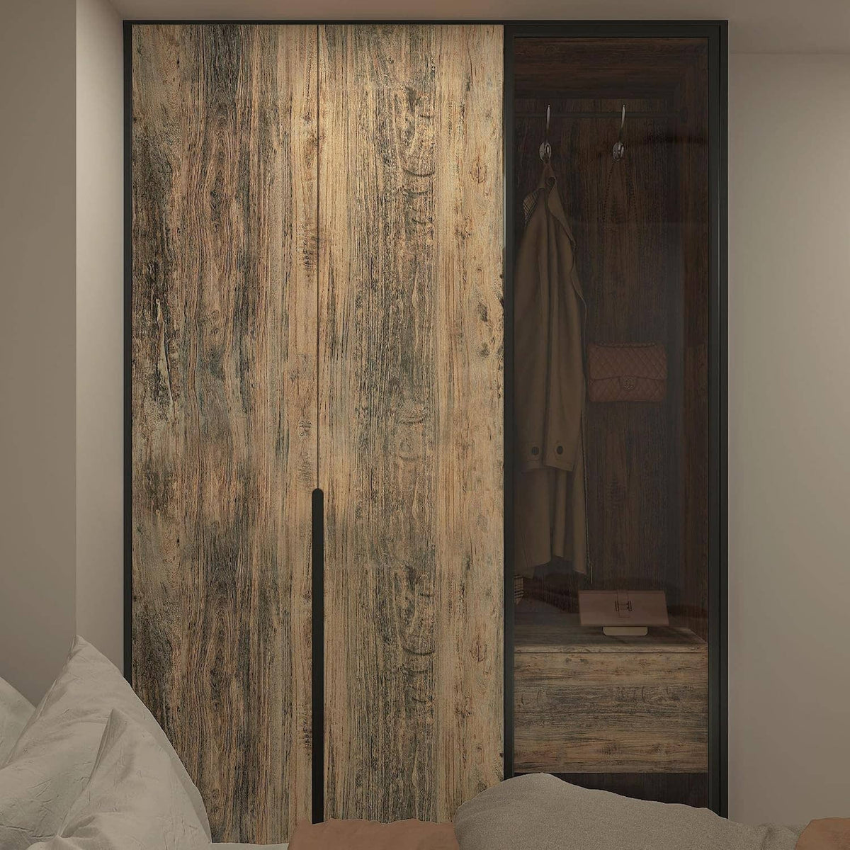 Brown wood-grain wallpaper on door and adjacent wall, featuring vertical streaked wood grain