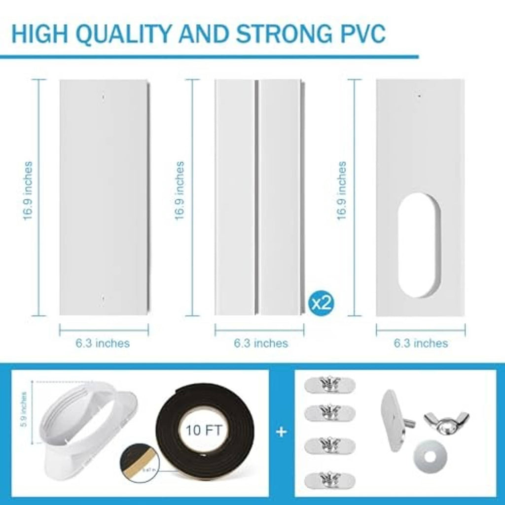 PVC window kit panels with measurement layout and included sealing and fastener pieces