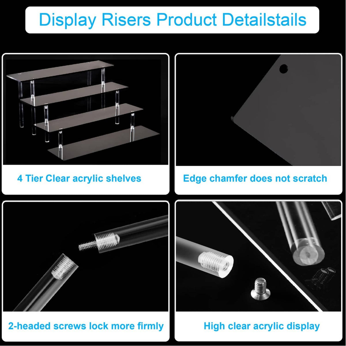 4-tier acrylic riser stand with clear shelves and chamfered edge corners