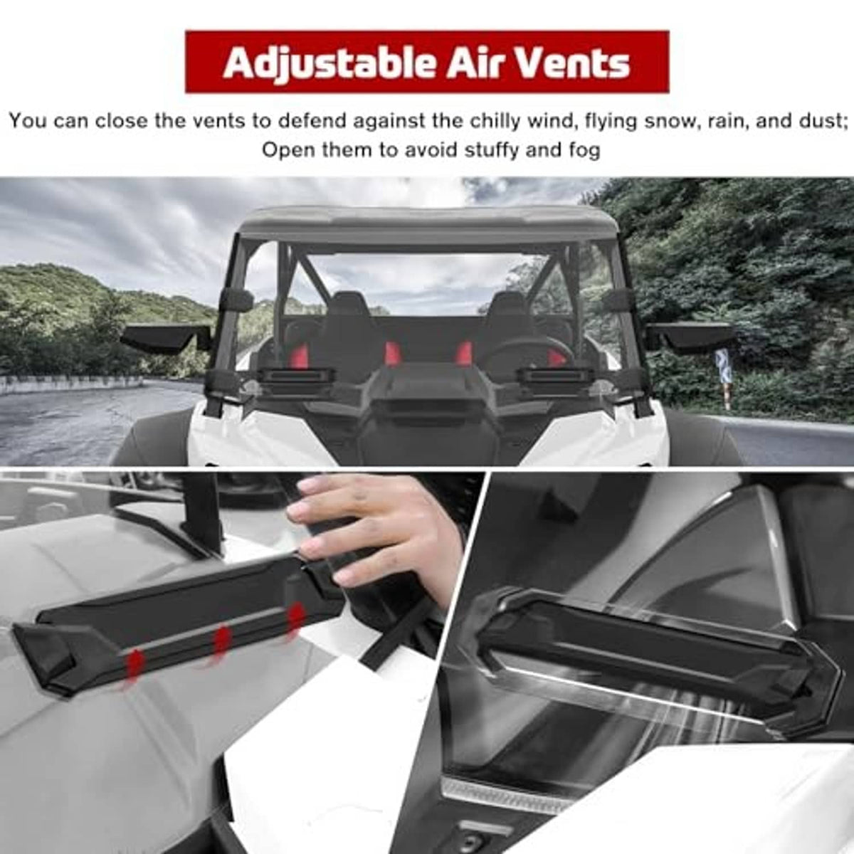 Adjustable air vent on clear windshield with vent slider on the front edge