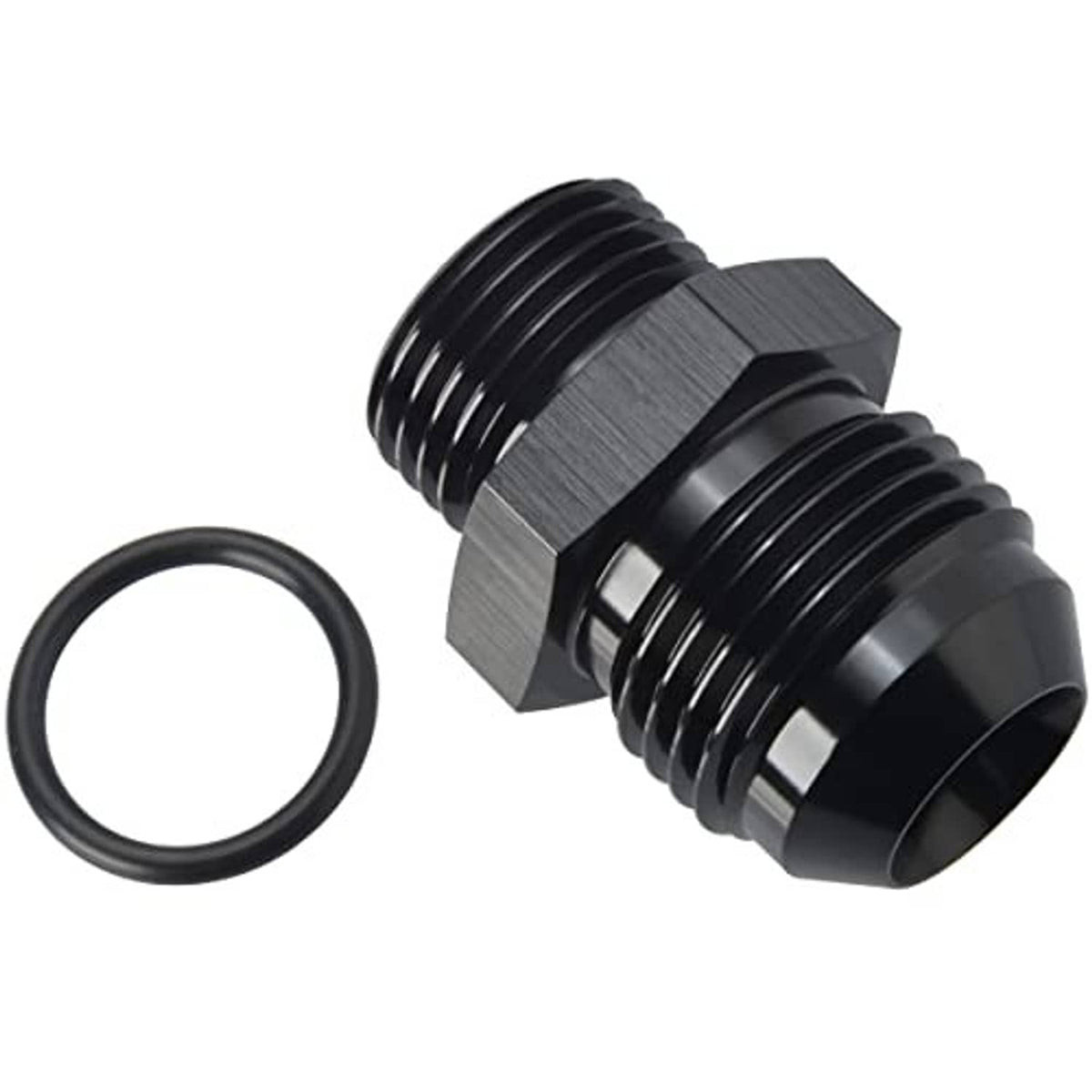 Black AN ORB fitting adapter with hex nut and O-ring gasket for sealing