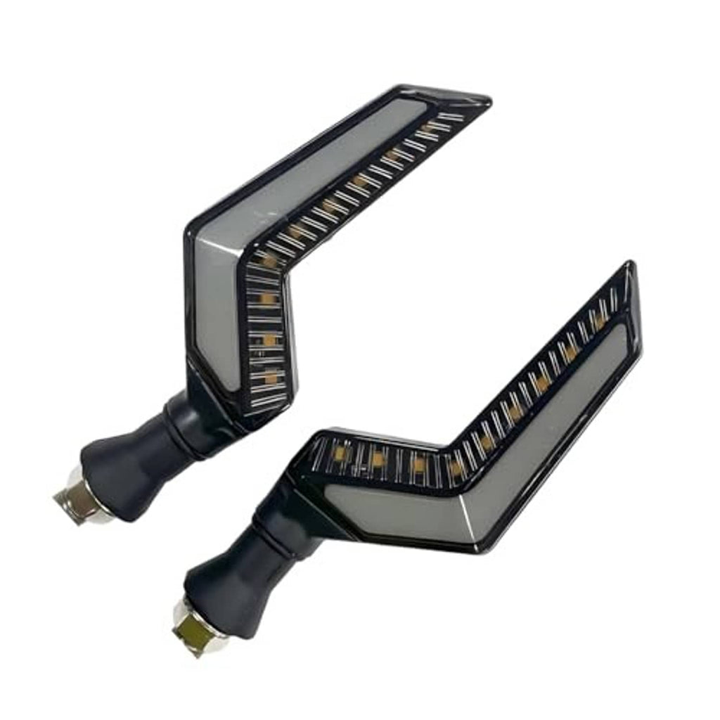 Pair of black LED motorcycle turn signal lights angled outward with blue glowing strip