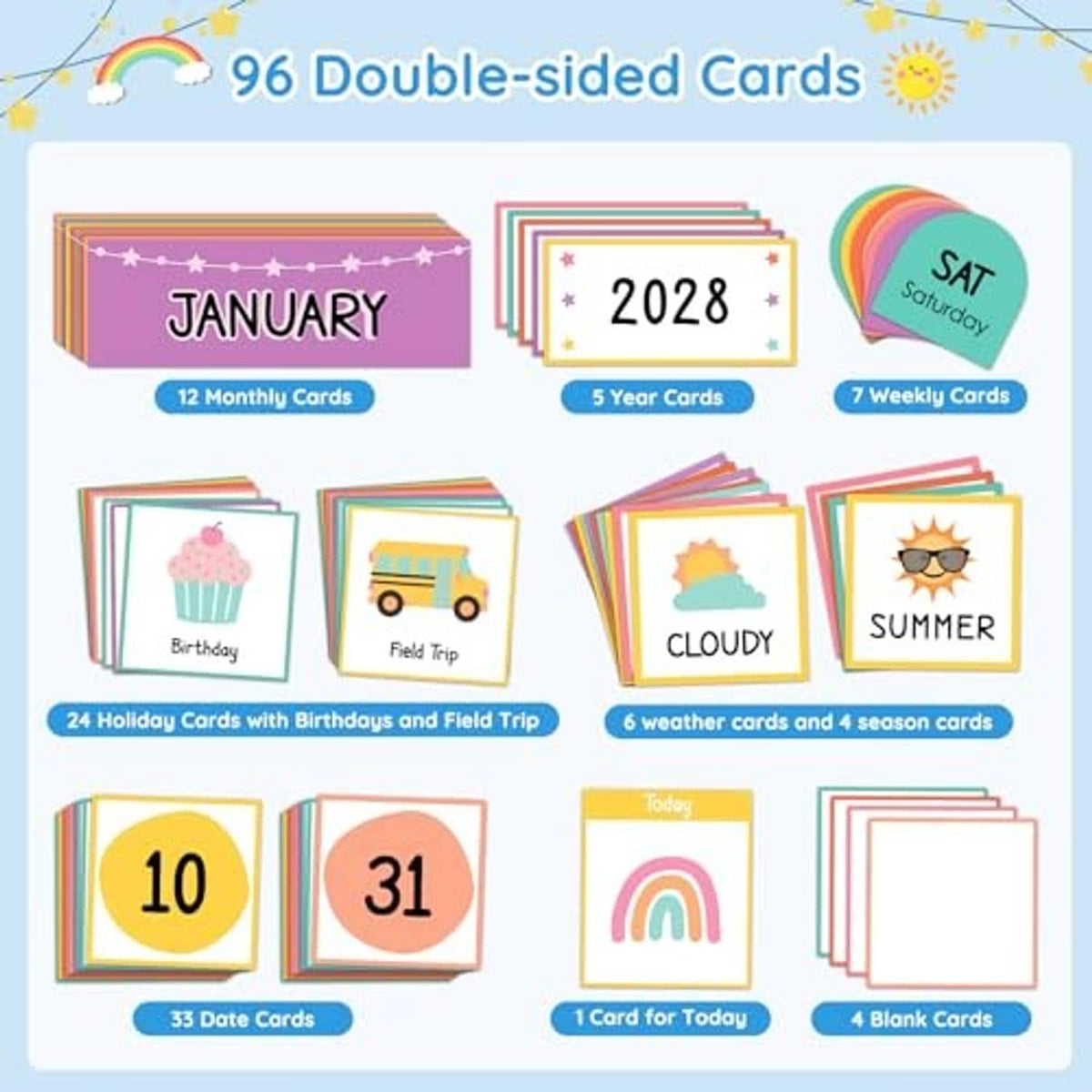 Double-sided kids calendar card set with months, numbers, weather, and blank cards (graphic)