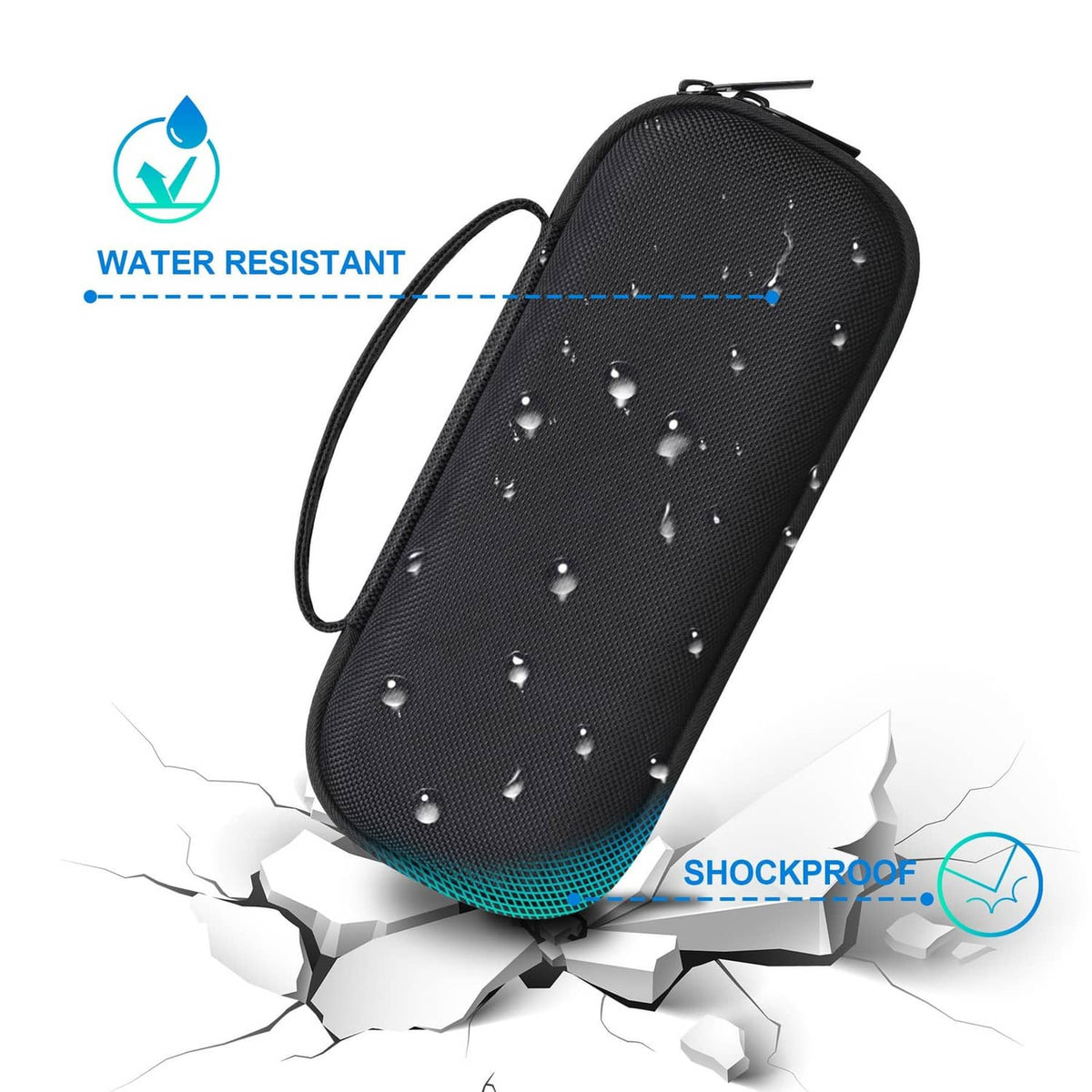 Black zippered speaker case with wrist strap and textured dotted exterior