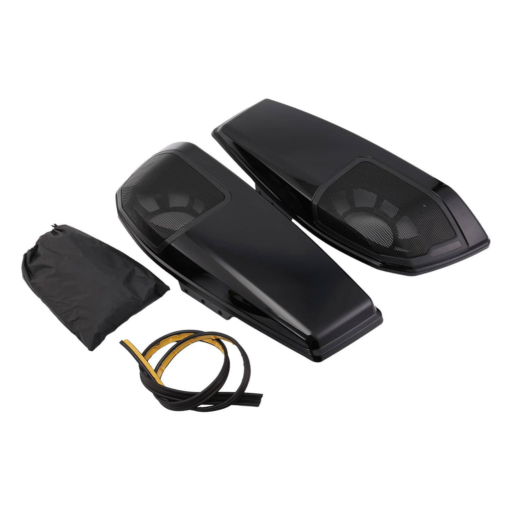 Black saddlebag speaker lids, showing mesh grilles, wiring harness, and storage bags