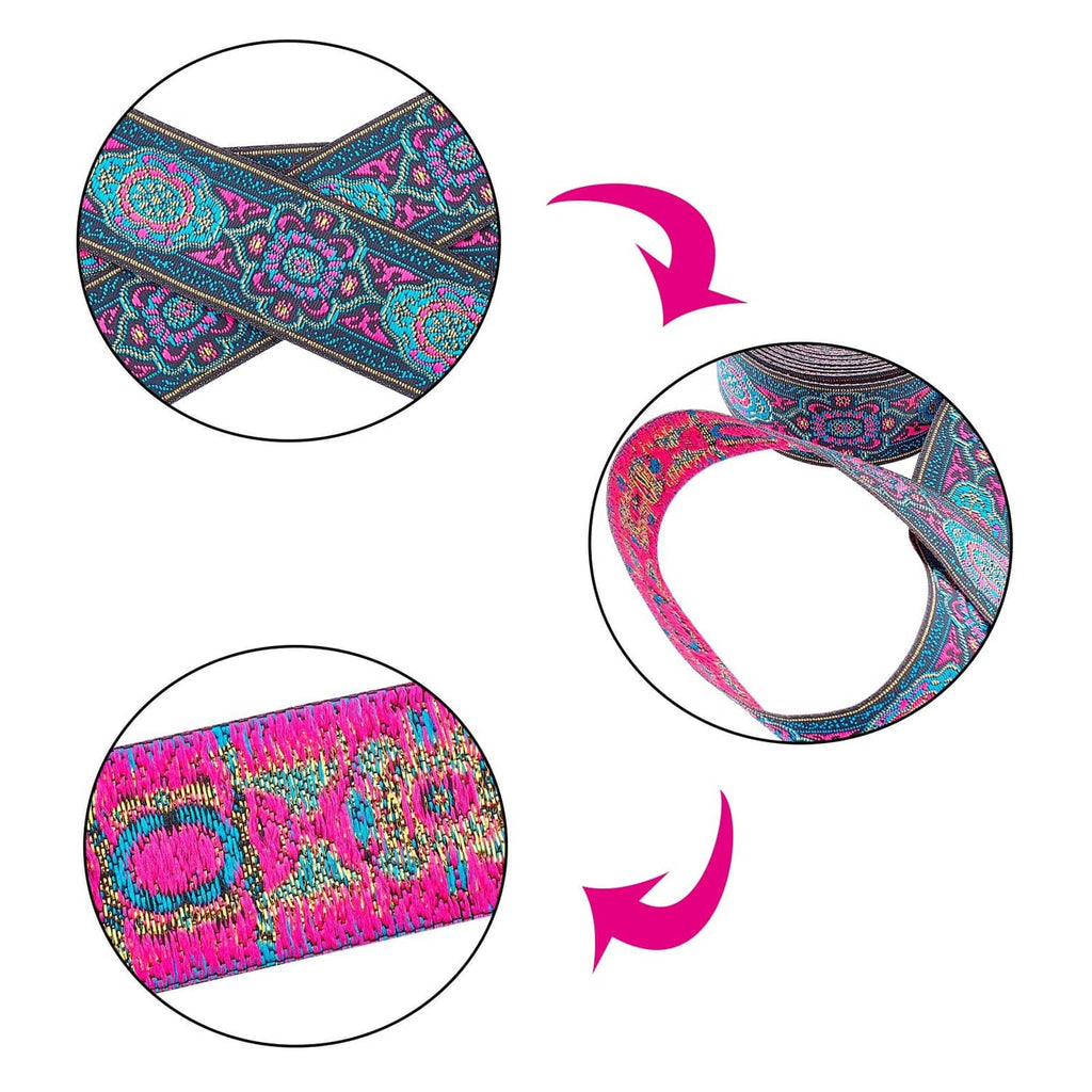 Embroidered jacquard ribbon close-up details showing floral texture and woven edge