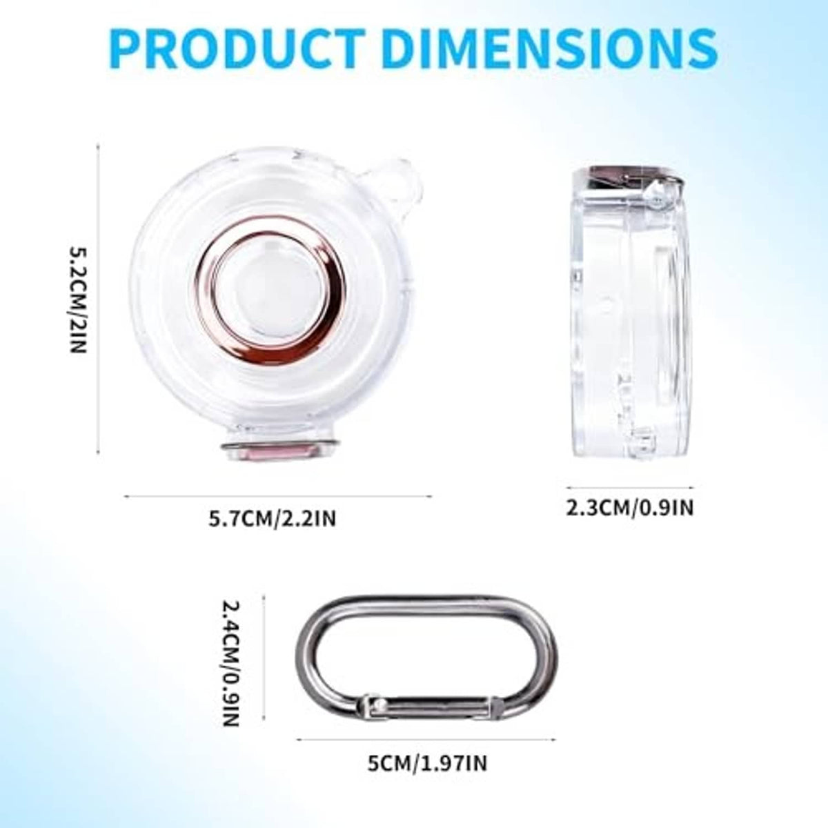 Transparent charger case with carabiner keyring; product dimensions shown in cm