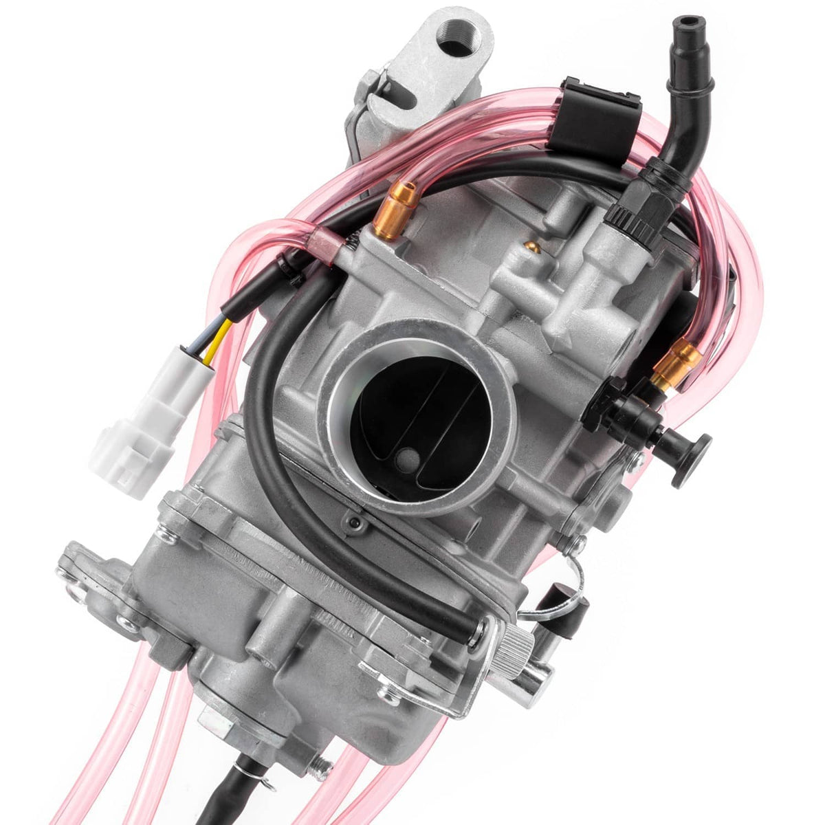 Carburetor with round intake opening, gray housing with pink fuel lines and black hoses
