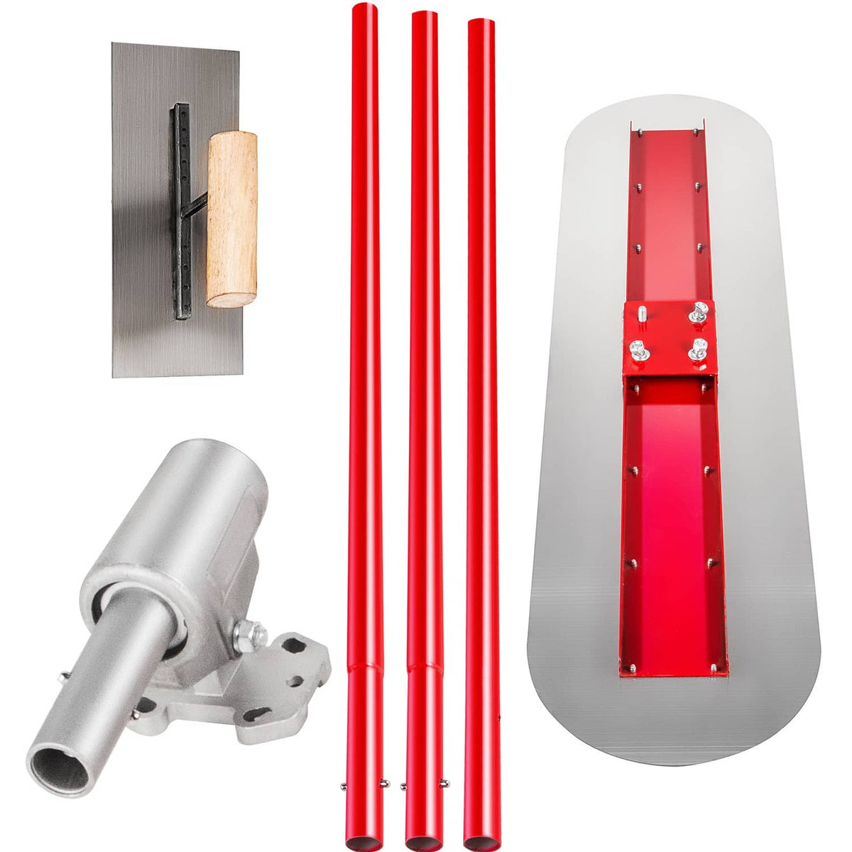 Concrete bull float parts set: red deck, three red rods, and gray handle bracket