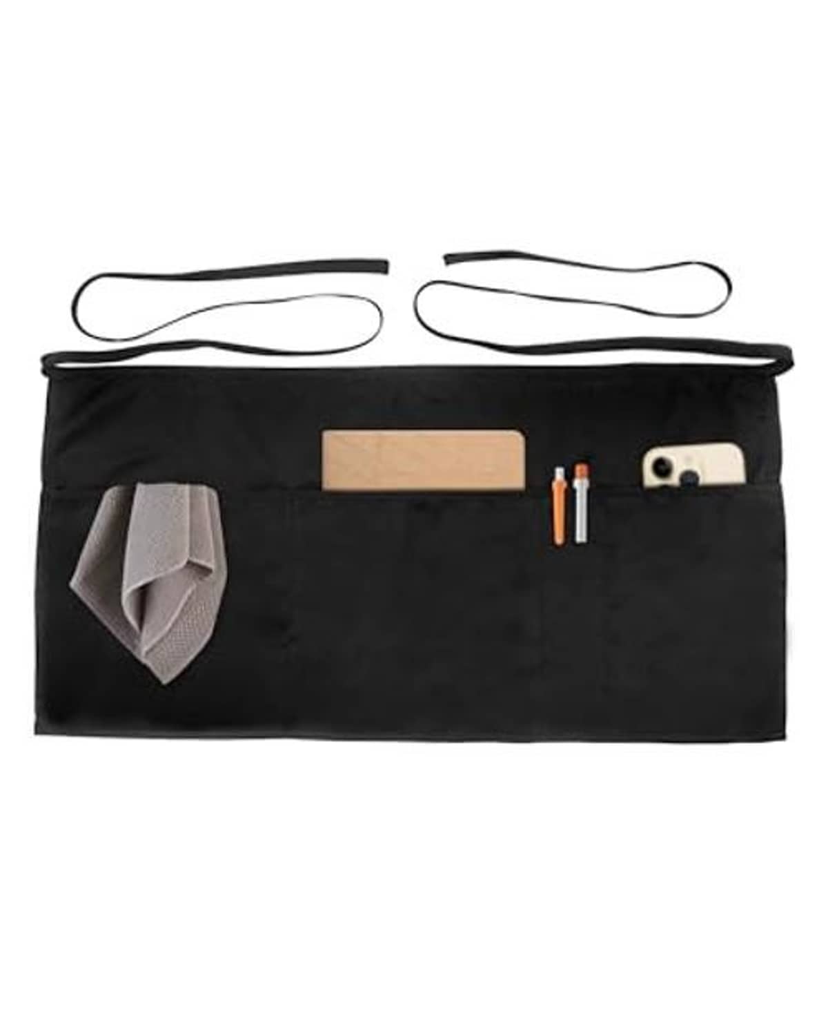 Black apron with four pockets, tan center pocket, front utensil and phone slots