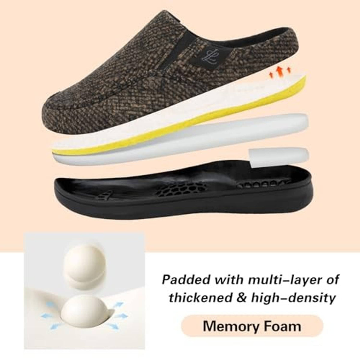 Men’s slip-on moccasin slippers with shown cushioning layers and black sole