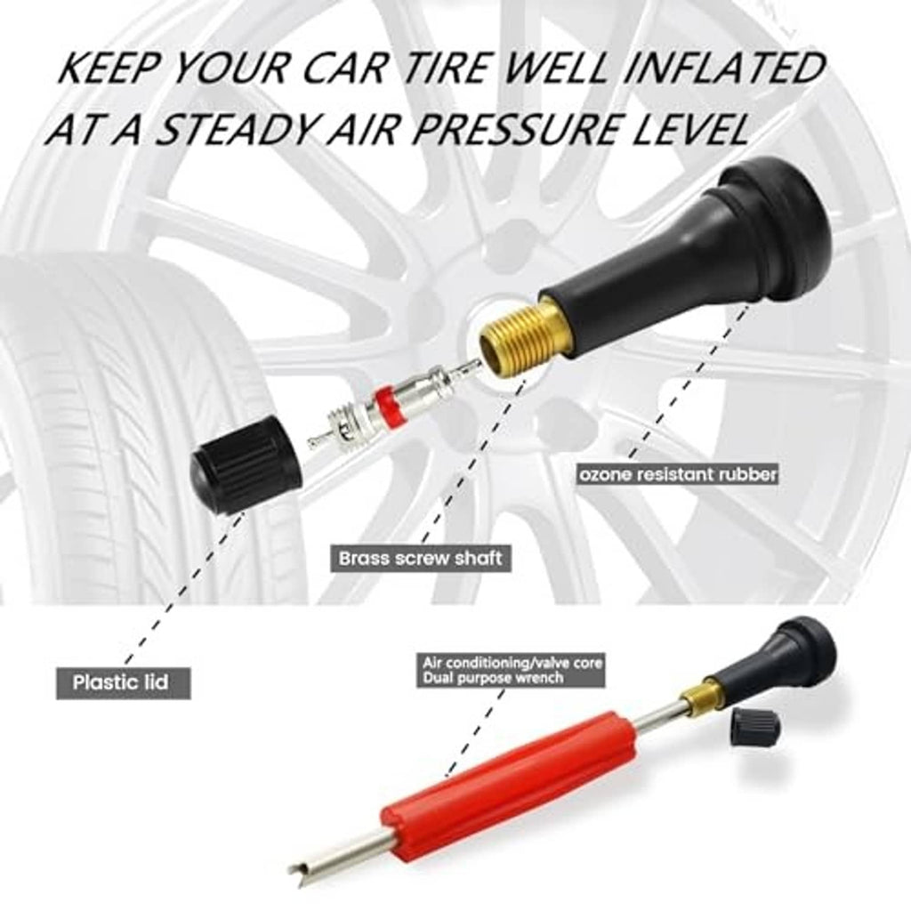 Tire valve stem tool with black rubber cap, brass threaded shaft, red grip, core wrench