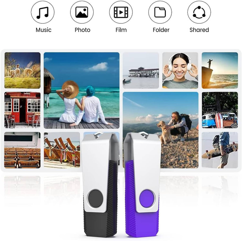 USB flash drives with snap-on caps in white, purple, and black; storage use icons