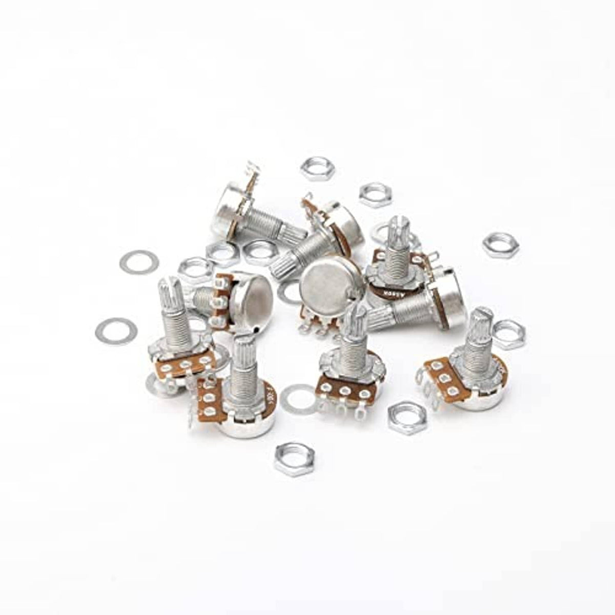 Loose split-shaft guitar potentiometers with metal bodies, lugs, mounting nuts, and washers