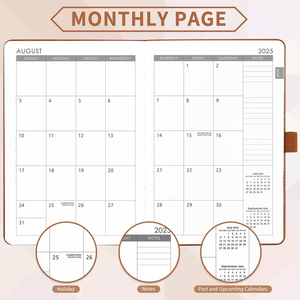 Monthly planner open spread with calendar grid and notes section