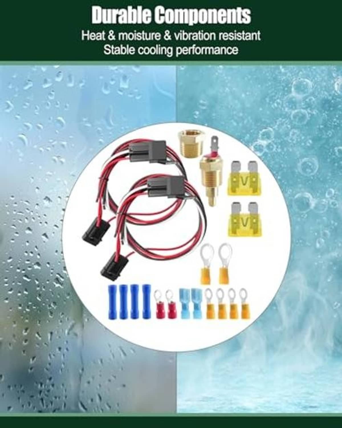 Relay kit components: wiring harness, brass threaded thermal switch, relays, fuses, terminals