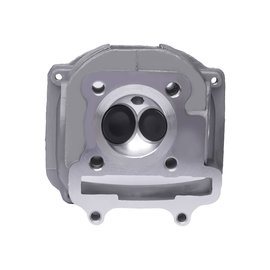 Cylinder head with two black intake ports and mounting holes on a gray metal body