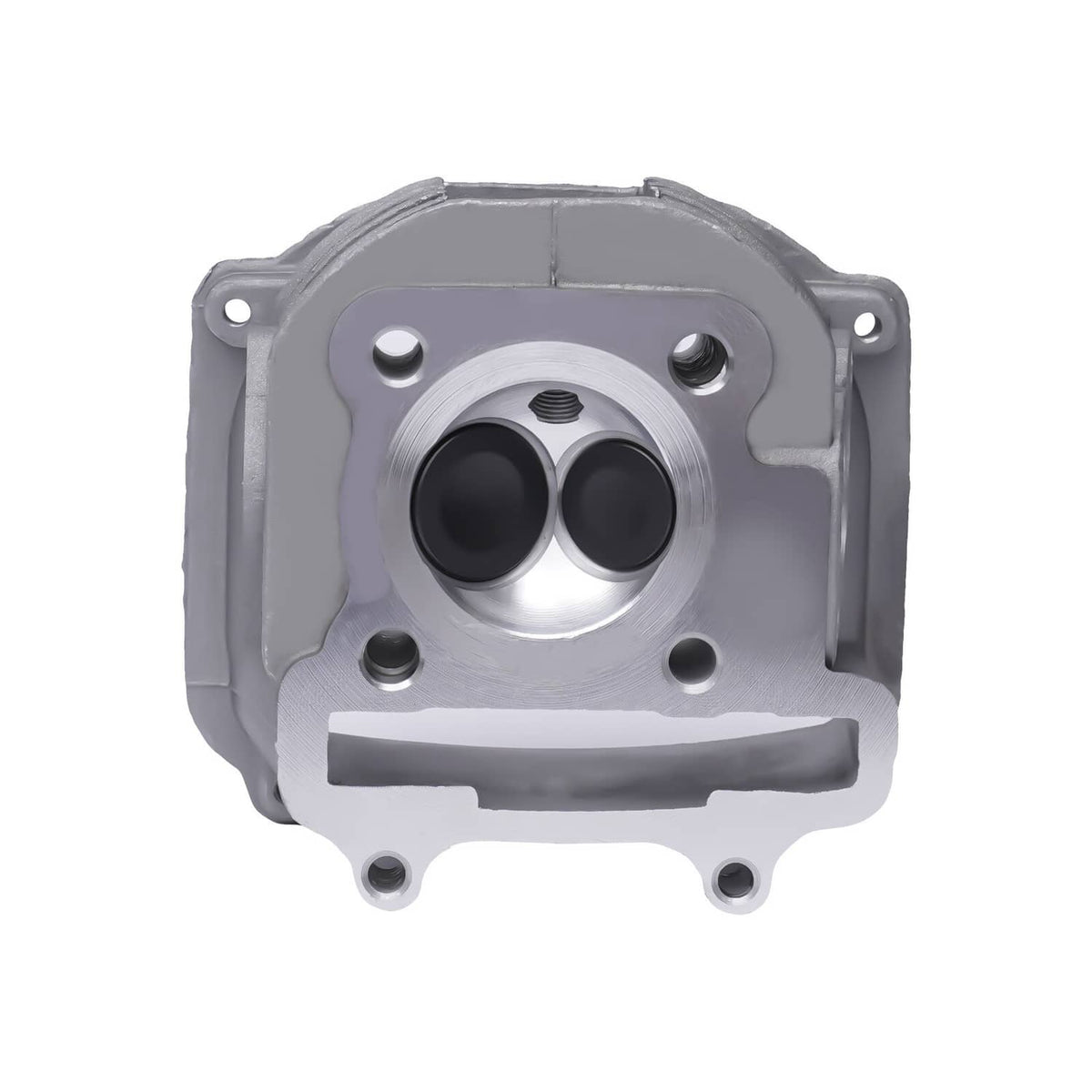 Cylinder head with two black intake ports and mounting holes on a gray metal body