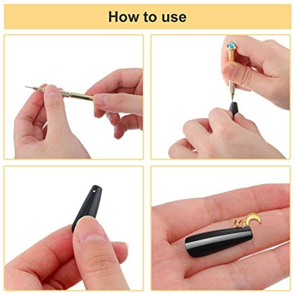 How-to use nail jewelry rings with piercing tool, showing hands and charm attachment
