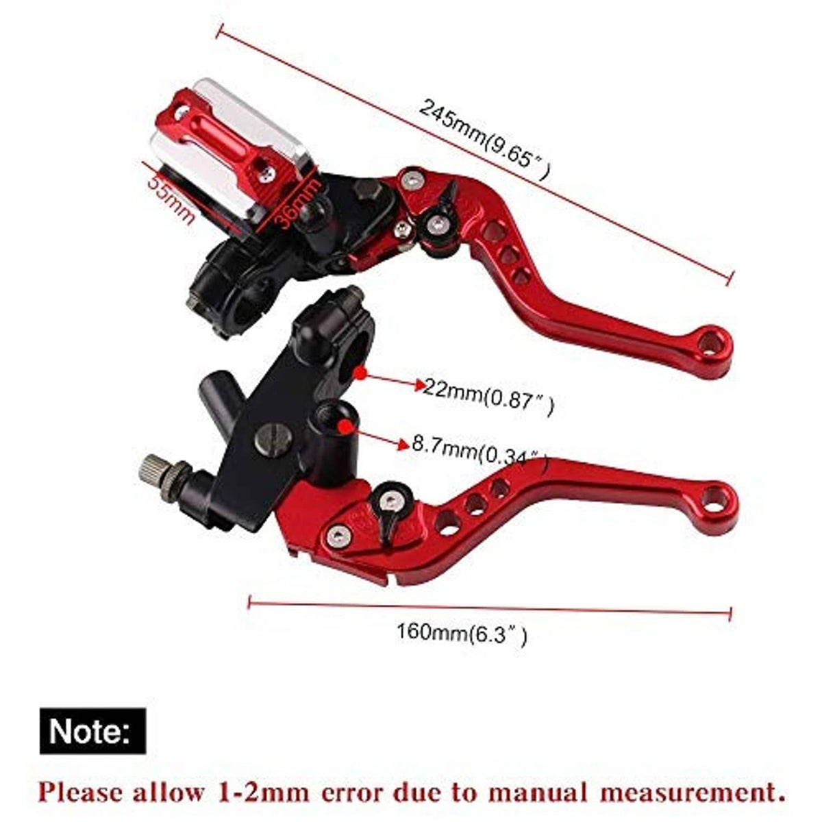 Red and black motorcycle lever master cylinder set with size measurement annotations