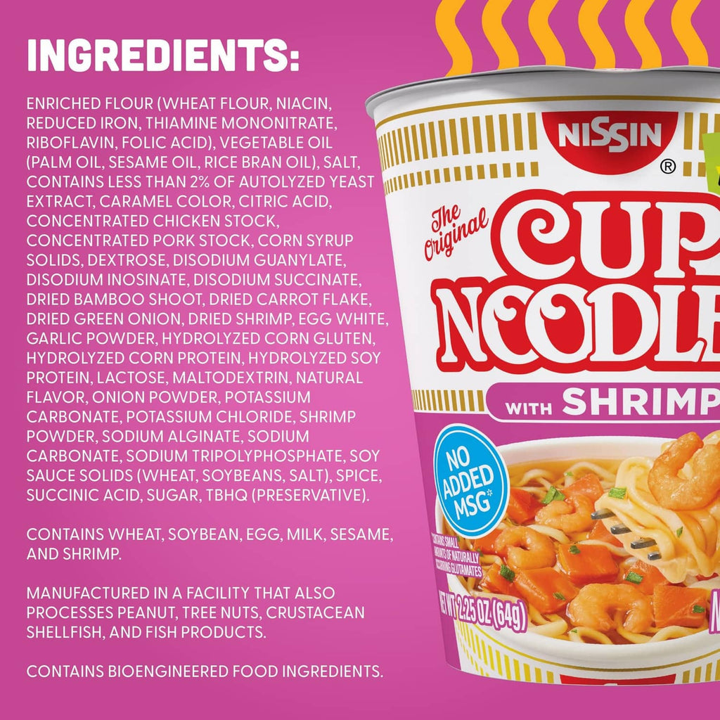 Cup Noodles shrimp paper cup with ingredients list panel