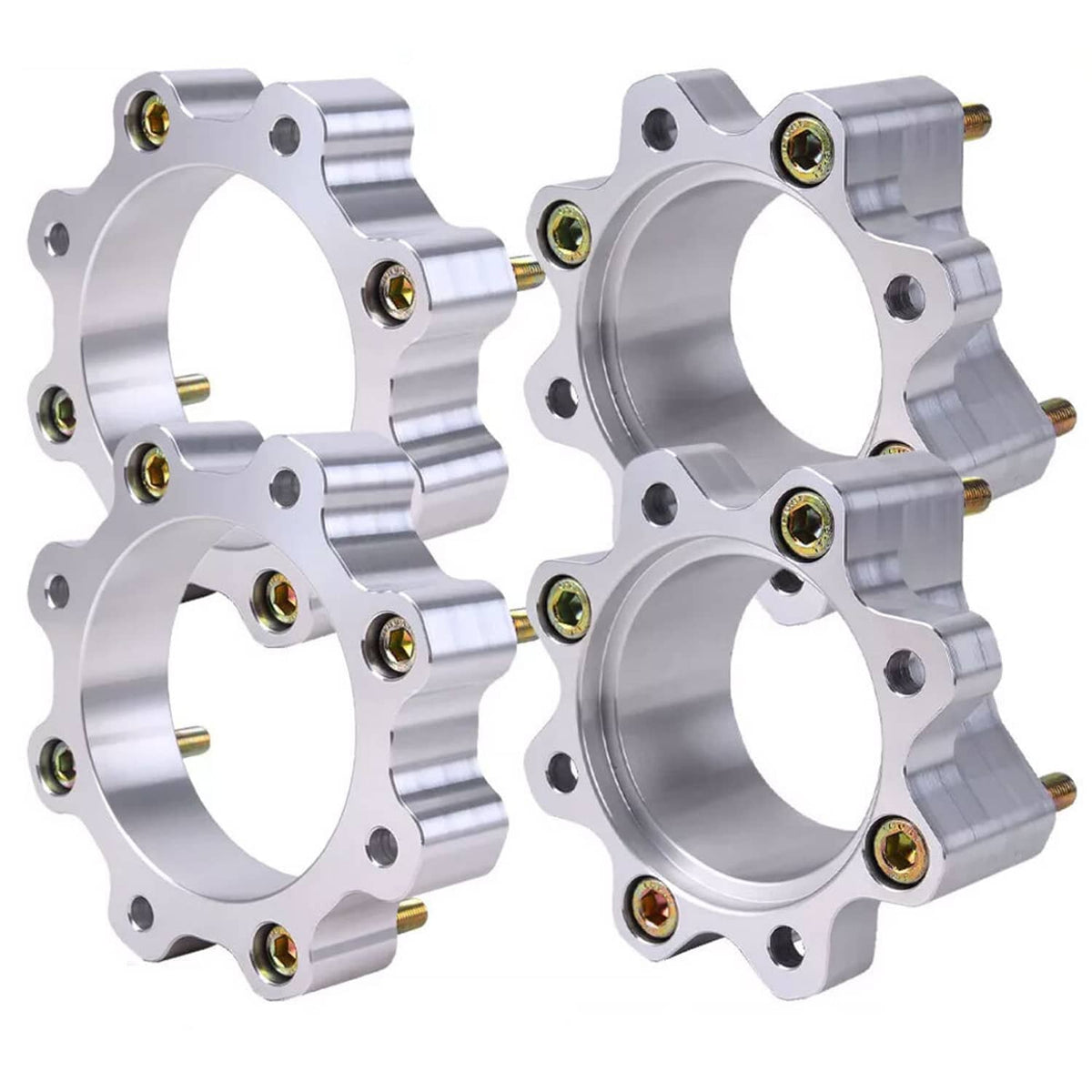 Four silver wheel spacers shown together; circular ring design and threaded holes