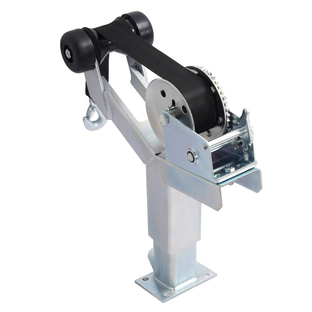 Winch roller stand with black rollers and galvanized metal frame for adjustable post mount