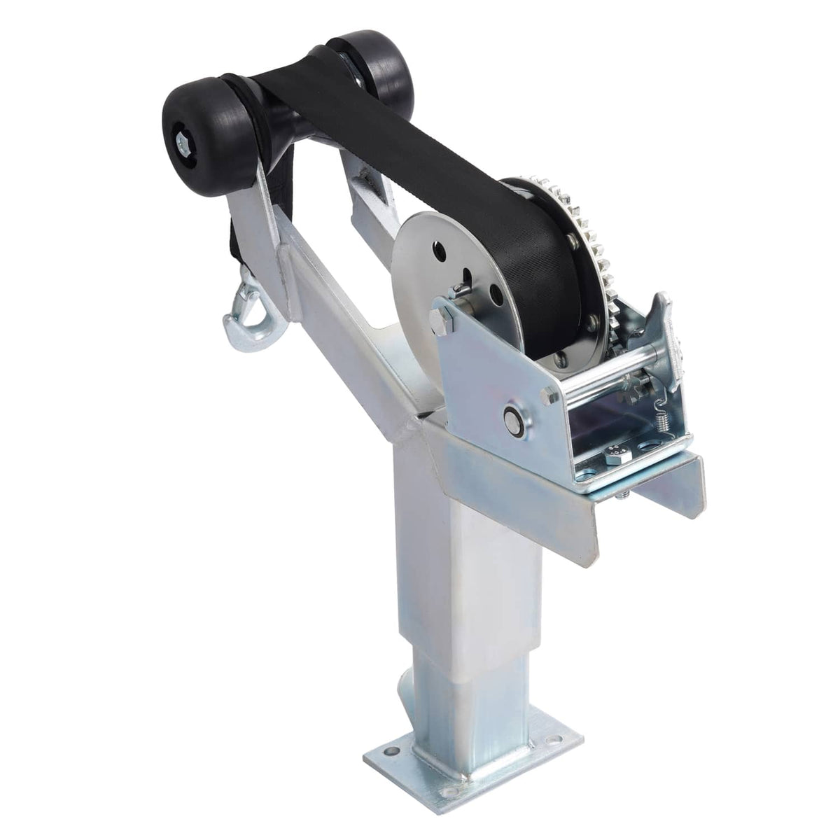 Winch roller stand with black rollers and galvanized metal frame for adjustable post mount