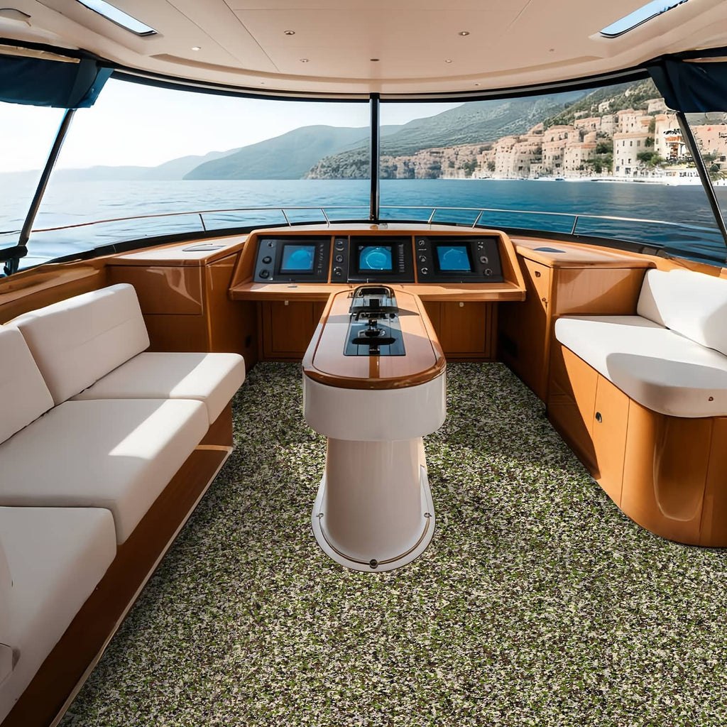 Green speckled EVA foam boat decking mat installed in a yacht lounge area.