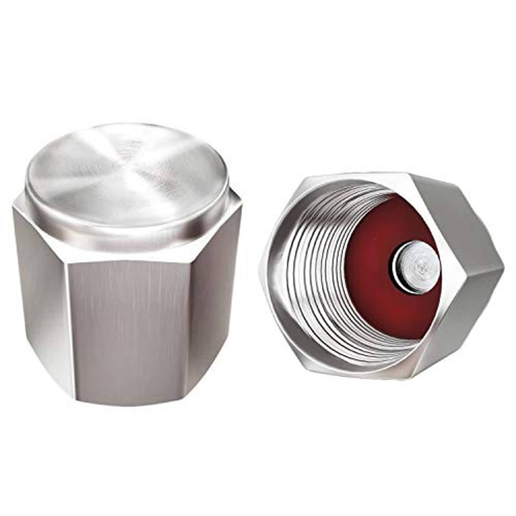 Silver hex tire valve cap with red rubber-seal insert, matching cap top.