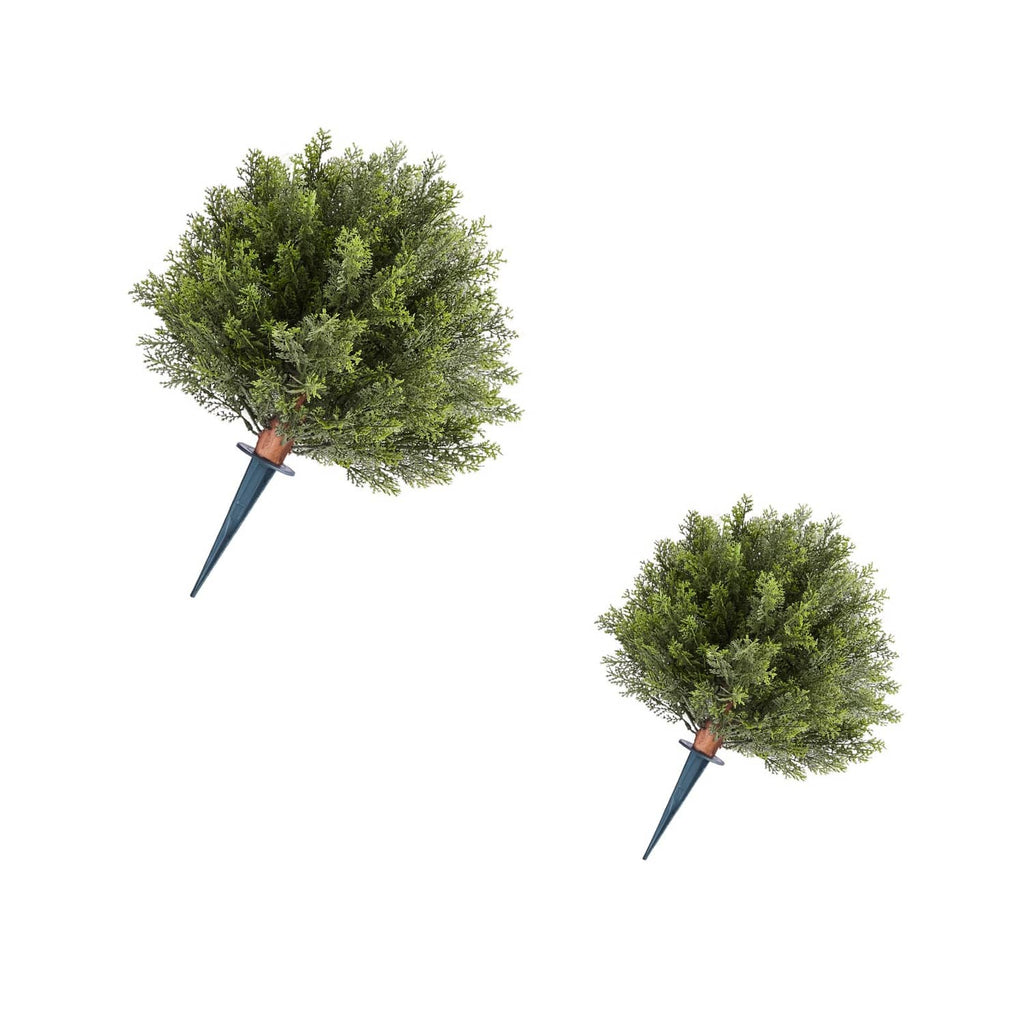 Artificial cypress topiary tree with green foliage and blue ground spike, 16-inch faux plant