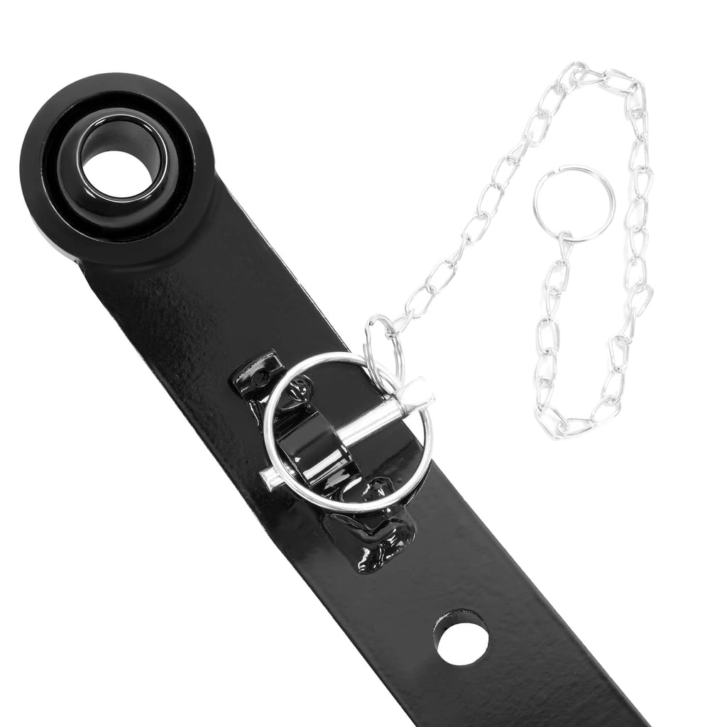 3-point hitch lift arm end detail with black bushing and hanging safety chain