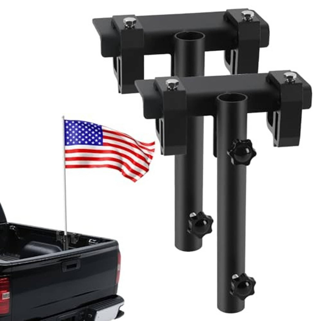 Set of two black truck bed flag pole mount bases with adjustable clamp knobs