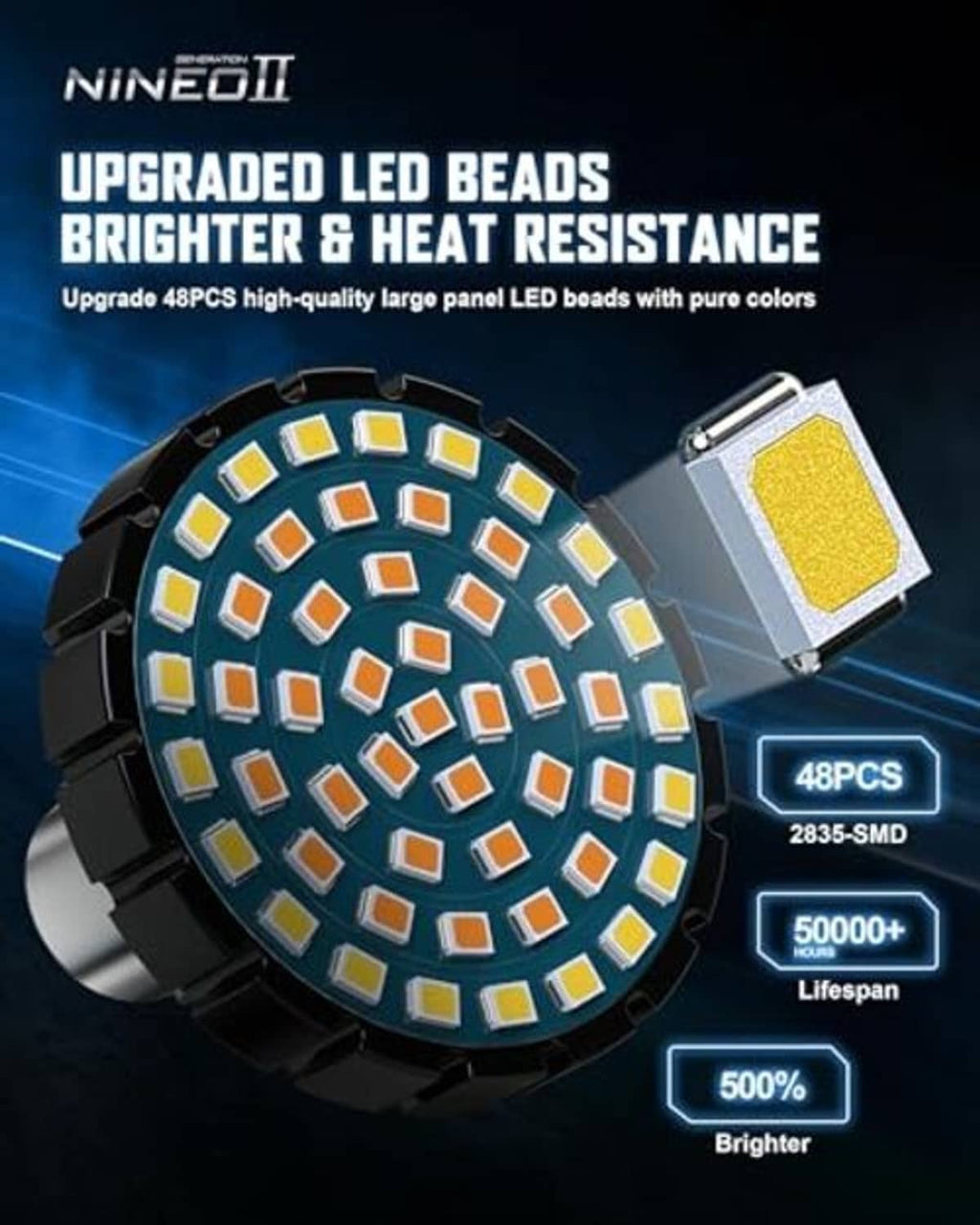 Close-up of round LED turn signal lens with many beads and heat-sink housing
