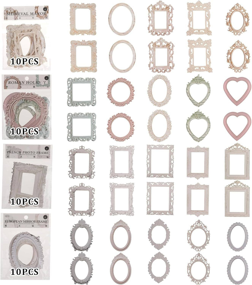 Pack of lace scrapbook frame cutouts in mixed shapes, featuring 10pcs labels and pastel and white sets.
