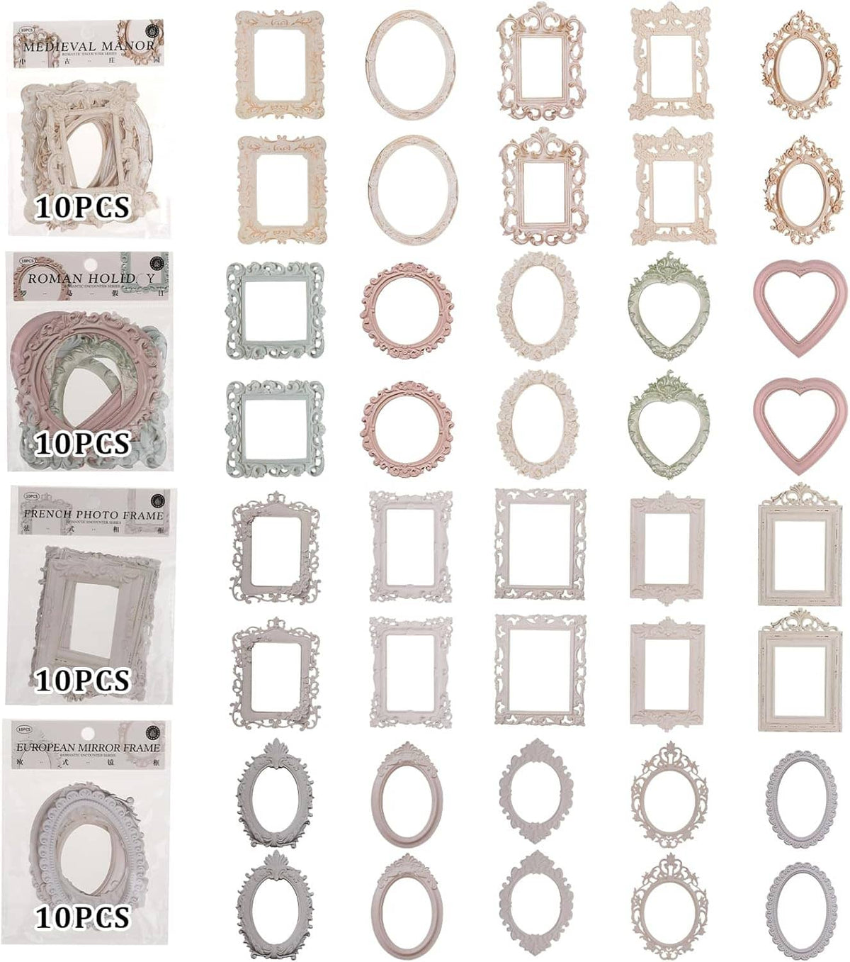 Pack of lace scrapbook frame cutouts in mixed shapes, featuring 10pcs labels and pastel and white sets.